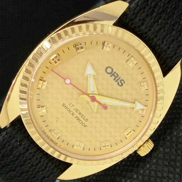 Oris Other - Vintage 1982 Oris Manual Mens Gold Watch W/Cloth Strap & Black accents